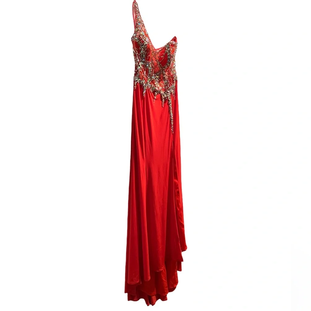 JVN by Jovani 91220 Coral Long Fitted Sheer One Shoulder Gown, Size 6 - Picture 5 of 8